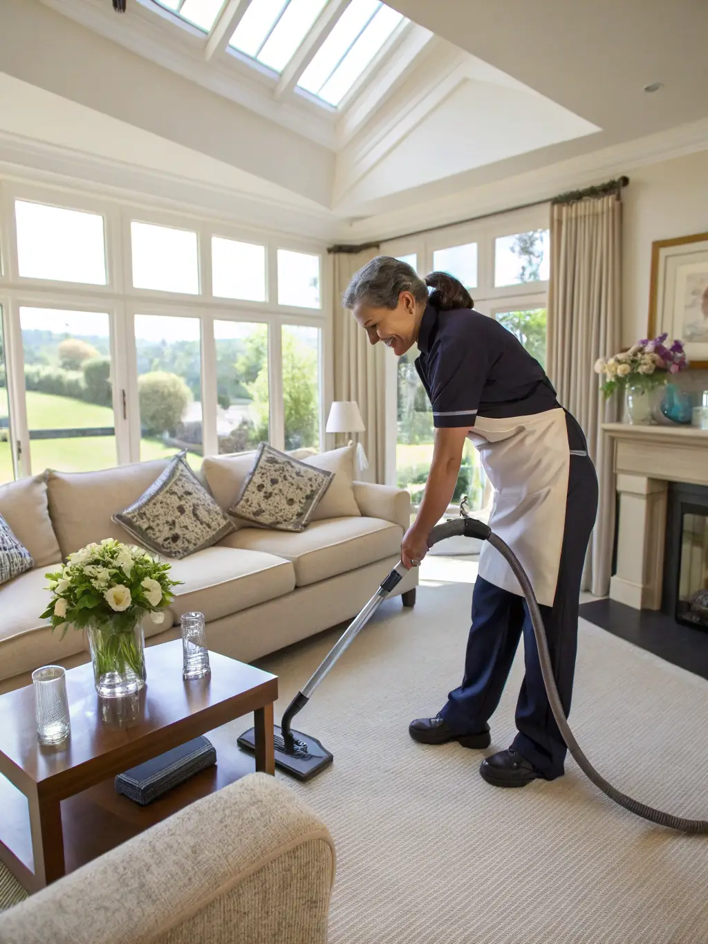 A person smiling while cleaning a window, showcasing the attention to detail and customer satisfaction in our cleaning services.