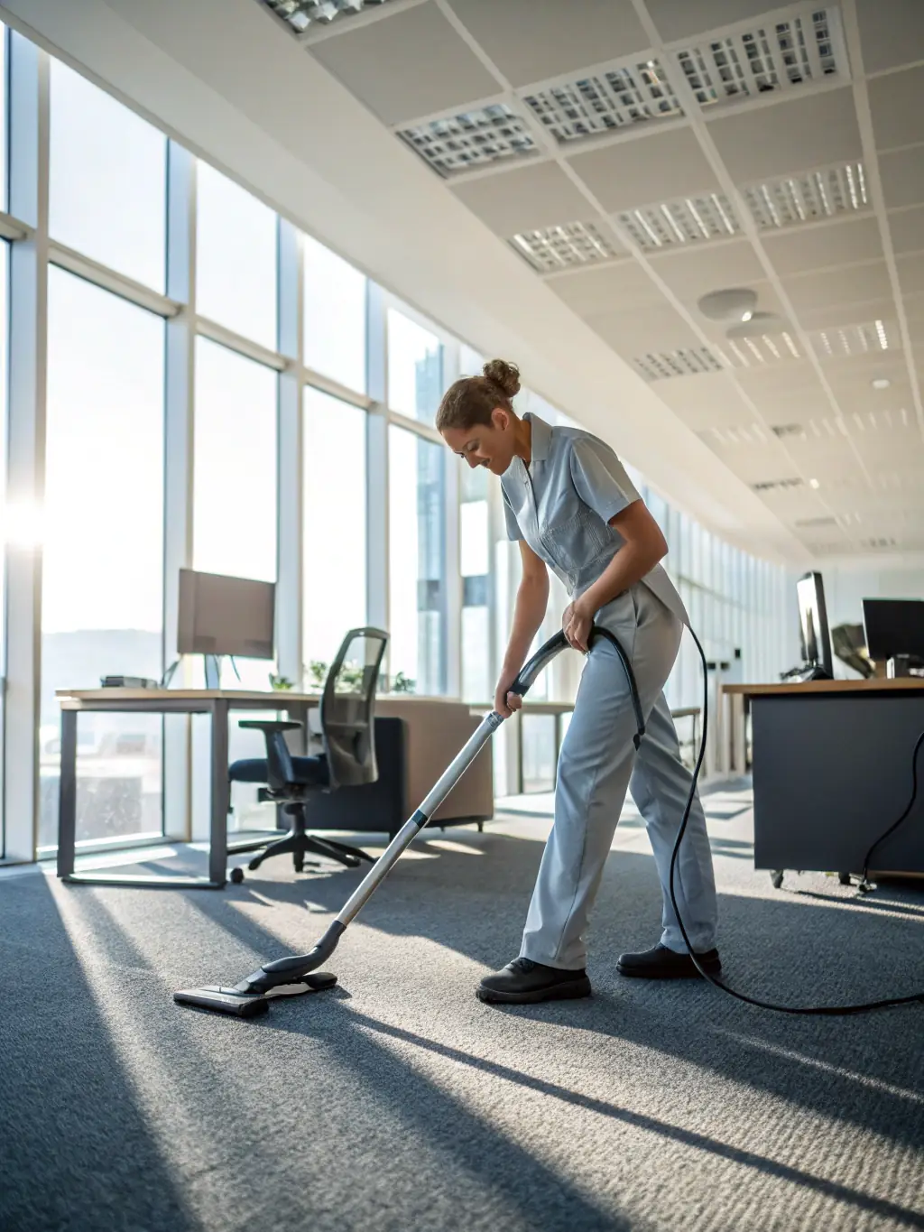 A brightly lit, modern office space being cleaned by a professional cleaner with a vacuum cleaner, showcasing attention to detail and a spotless environment.