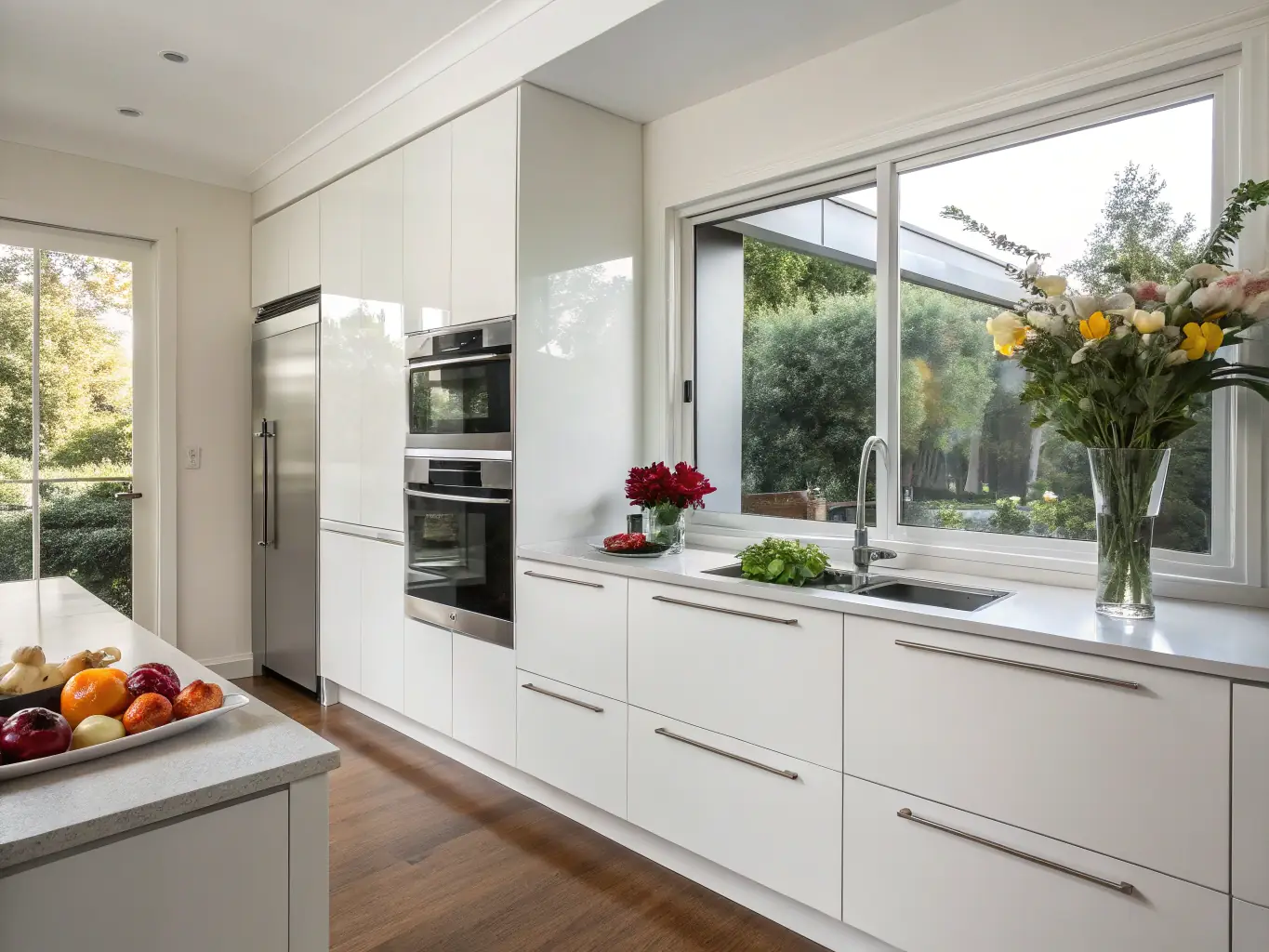 A modern kitchen with gleaming countertops, spotless appliances, and a clean sink, emphasizing the importance of a hygienic cooking space.