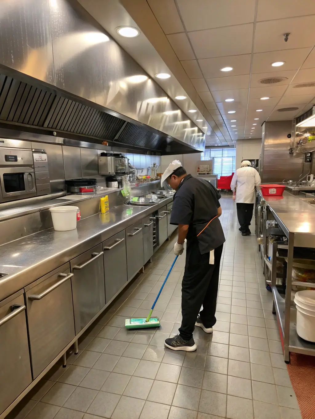 A commercial kitchen with stainless steel appliances being deep cleaned by a cleaning crew, emphasizing hygiene and sanitation.