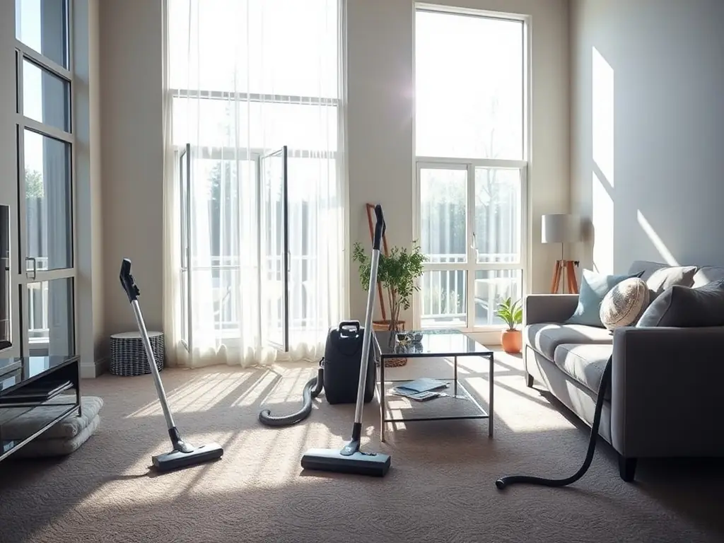 A bright, sunlit living room with a sparkling clean hardwood floor, freshly vacuumed rug, and dust-free surfaces, showcasing the results of a professional house cleaning service.