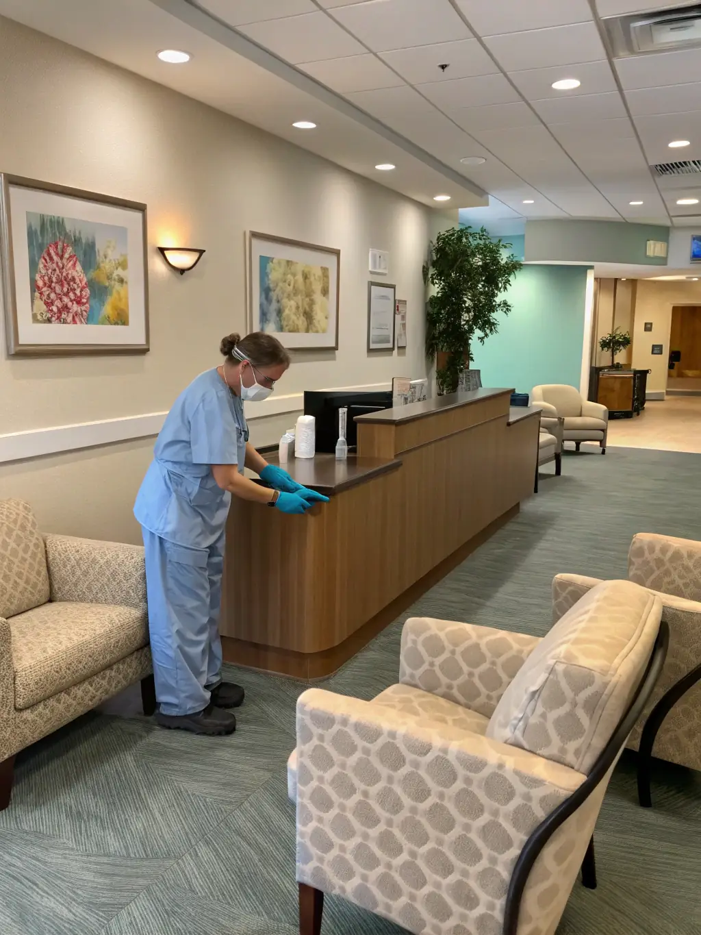 A medical office waiting room with sanitized surfaces and a clean, organized appearance, emphasizing patient safety and hygiene.